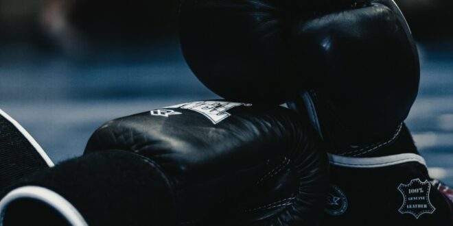 Boxing gloves in a boxing ring