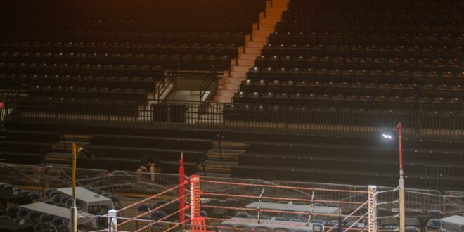 Professional wrestling ring in an arena